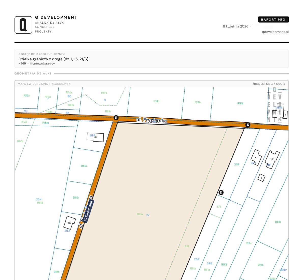 Raport Q Development — geometria działki z mapą ewidencyjną